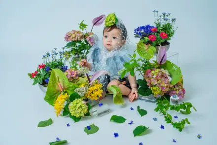 水色のフリルドレスと緑のアジサイのヘッドピースをまとった赤ちゃんが、アンスリウムや色とりどりの生花と葉に囲まれて座る