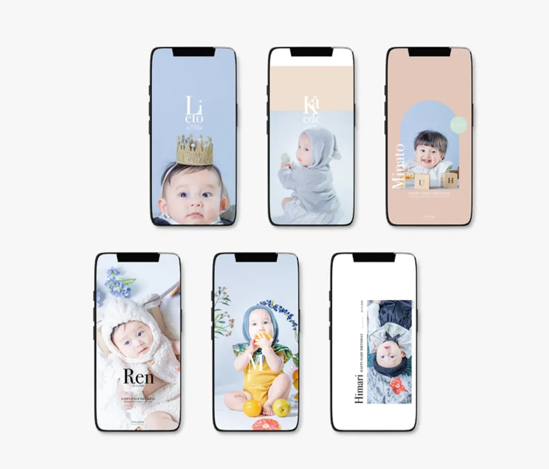 3種類の待受デザインを表示したスマートフォンを並べた Mobile Art
