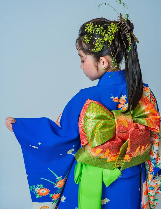 鮮やかな青地に四季の花々の柄の七五三着物「蒼」を着た女の子