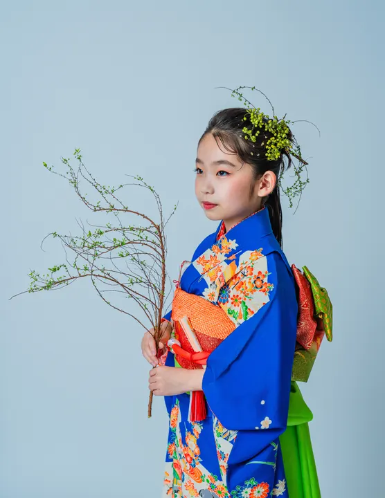 鮮やかな青地に四季の花々の柄の七五三着物「蒼」を着た女の子